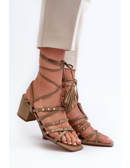 Lace-Up Sandals With Low Heels Adorned with Studs Green Chrisele