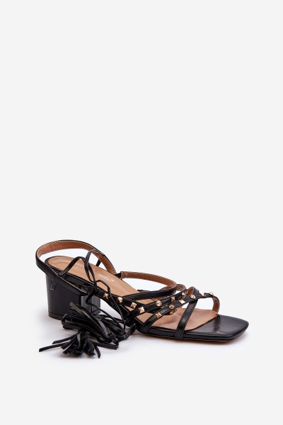 Lace-up Sandals with Low Heels Adorned with Studs Black Chrisele 2