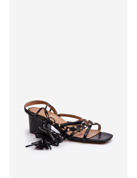 Lace-up Sandals with Low Heels Adorned with Studs Black Chrisele