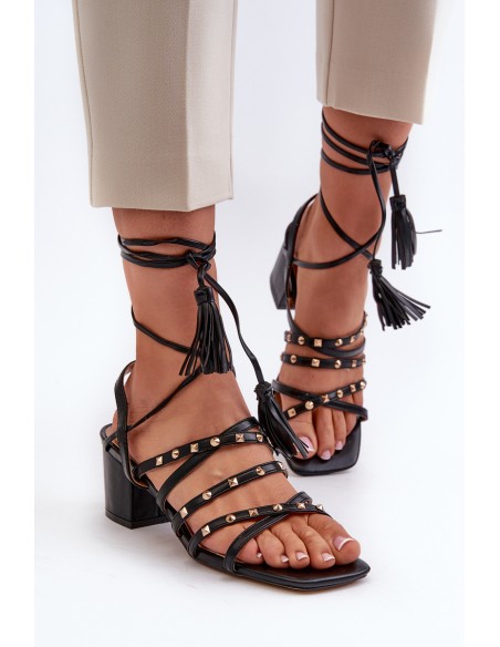 Lace-up Sandals with Low Heels Adorned with Studs Black Chrisele
