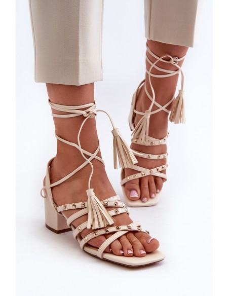 Lace-up Sandals With Low Heels Adorned With Studs Beige Chrisele