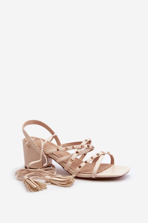 Lace-up Sandals With Low Heels Adorned With Studs Beige Chrisele
