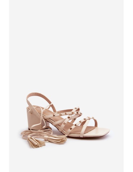Lace-up Sandals With Low Heels Adorned With Studs Beige Chrisele
