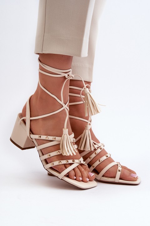 Lace-up Sandals With Low Heels Adorned With Studs Beige Chrisele