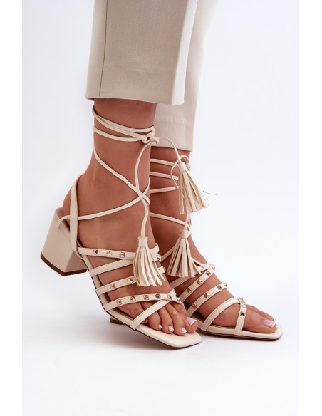 Lace-up Sandals With Low Heels Adorned With Studs Beige Chrisele