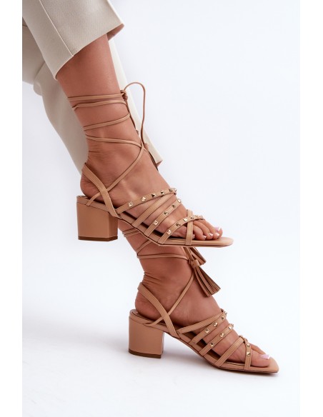 Lace-up sandals with low heels embellished with studs Camel Chrisele