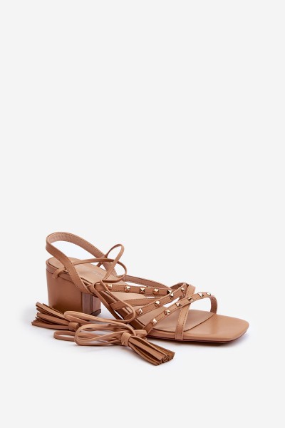 Lace-up sandals with low heels embellished with studs Camel Chrisele 2