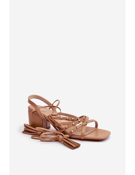 Lace-up sandals with low heels embellished with studs Camel Chrisele
