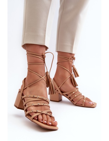 Lace-up sandals with low heels embellished with studs Camel Chrisele