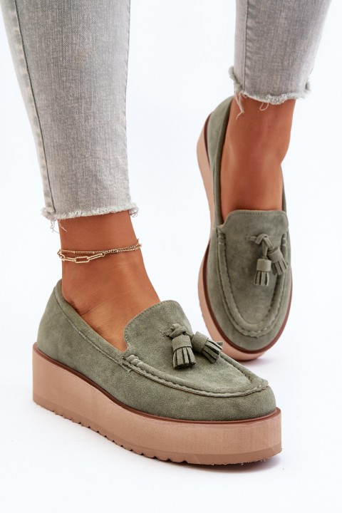 Women's Platform Moccasins with Fringes Green Mialani