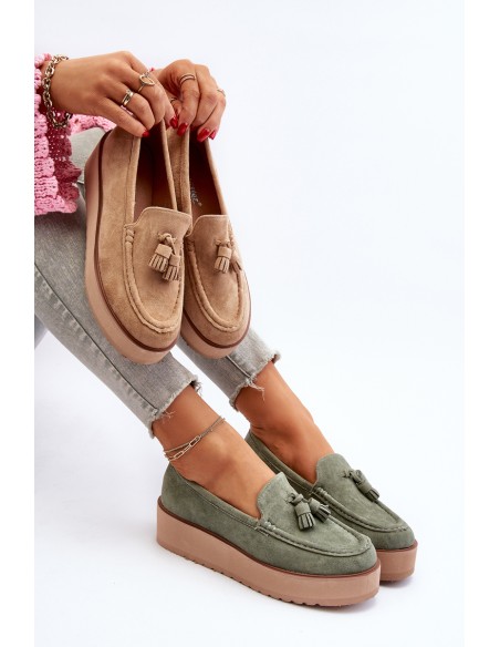 Women's Platform Moccasins with Fringes Green Mialani