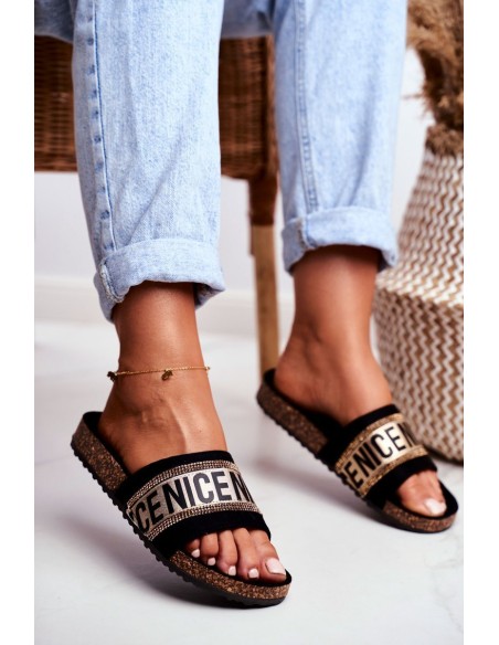 Slippers On Cork Sole With Cubic Zirconia Black-Gold Be Nice