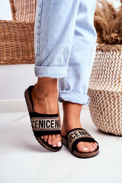 Slippers On Cork Sole With Cubic Zirconia Black-Gold Be Nice 2