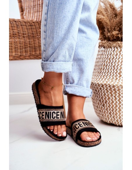 Slippers On Cork Sole With Cubic Zirconia Black-Gold Be Nice