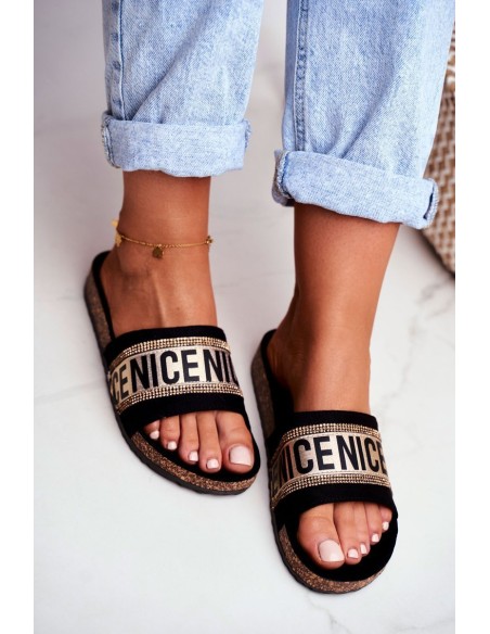 Slippers On Cork Sole With Cubic Zirconia Black-Gold Be Nice