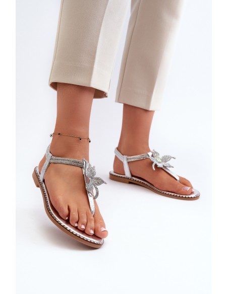Women's Flat Sandals With Decorative Flower Silver Edoni