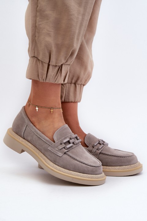 Women's Suede Moccasins with Flat Heel and Decoration D&A TW101 Grey