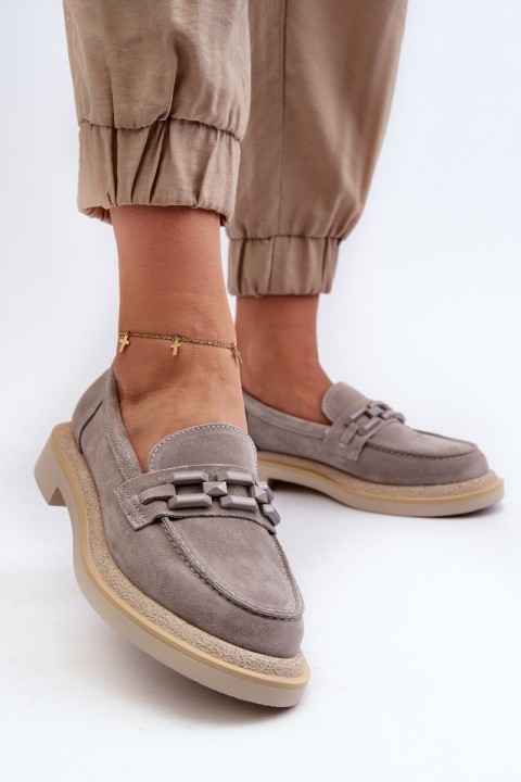 Women's Suede Moccasins with Flat Heel and Decoration D&A TW101 Grey