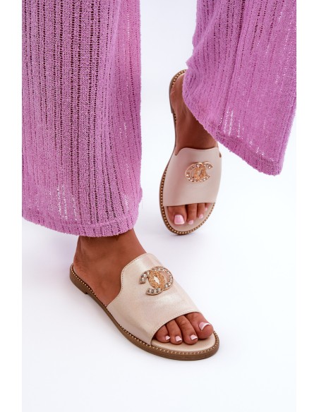 Elegant Women's Shiny Slippers With Decoration S.Barski KV27-050 Gold