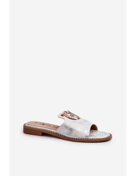 Elegant shiny women's slippers with decoration S.Barski KV27-032 silver