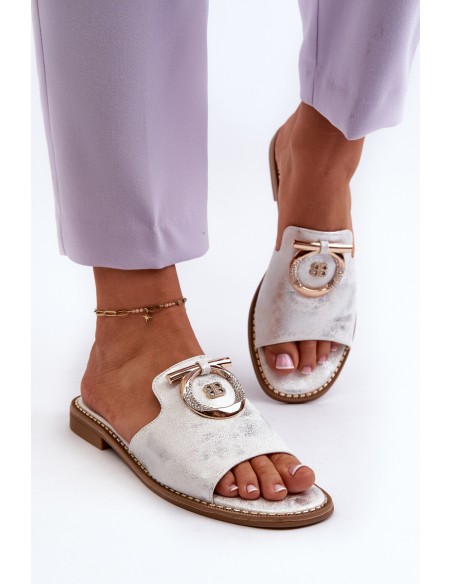 Elegant shiny women's slippers with decoration S.Barski KV27-032 silver