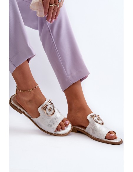 Elegant shiny women's slippers with decoration S.Barski KV27-032 silver