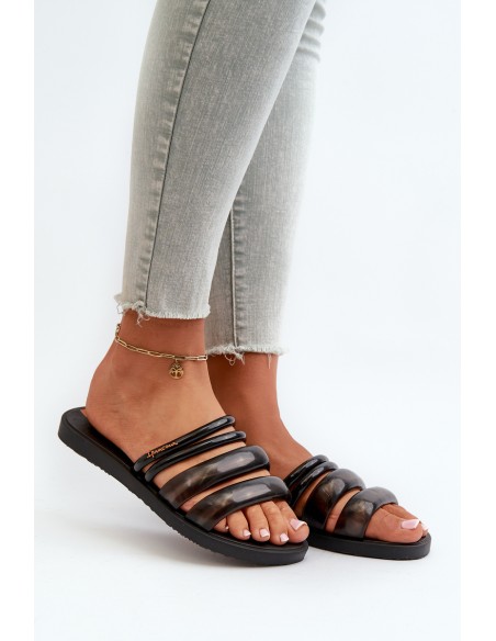 Moteriškos plokščios guminės šlepetės 26727 Ipanema Puffer Tiras Fem Black