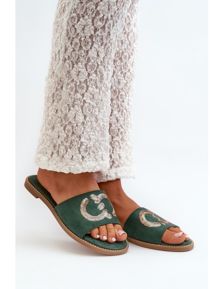 Women's Flat Flip Flops With Sequins S.Barski KV27-052 Green