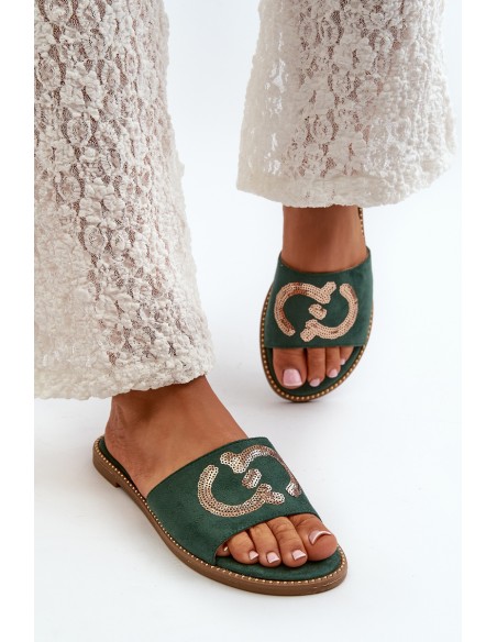 Women's Flat Flip Flops With Sequins S.Barski KV27-052 Green