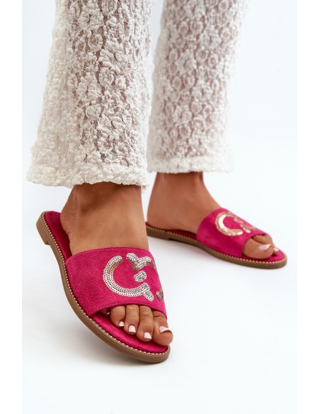 Women's Flat Sequined Slides S.Barski KV27-052 Fuchsia