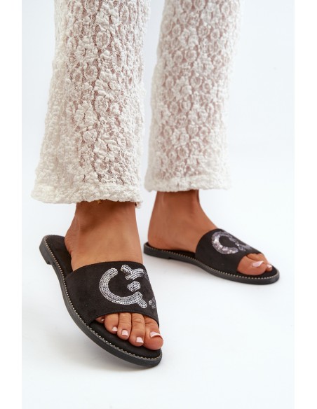 Women's Flat Flip-Flops With Sequins S.Barski KV27-052 Black