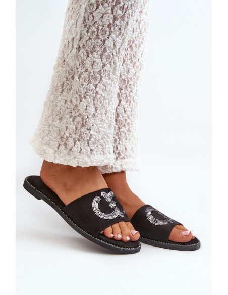 Women's Flat Flip-Flops With Sequins S.Barski KV27-052 Black