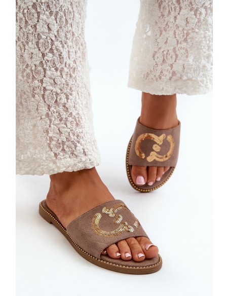 Women's Flat Slippers With Sequins S.Barski KV27-052 Brown