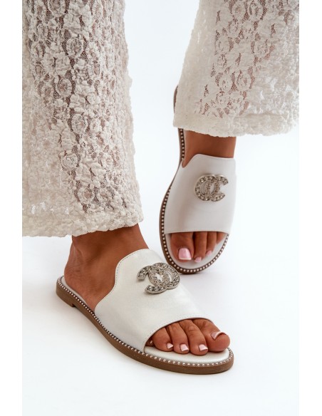 Elegant Women's Shiny Slippers With Decoration S.Barski KV27-050 Silver