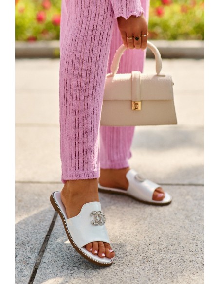 Elegant Women's Shiny Slippers With Decoration S.Barski KV27-050 Silver