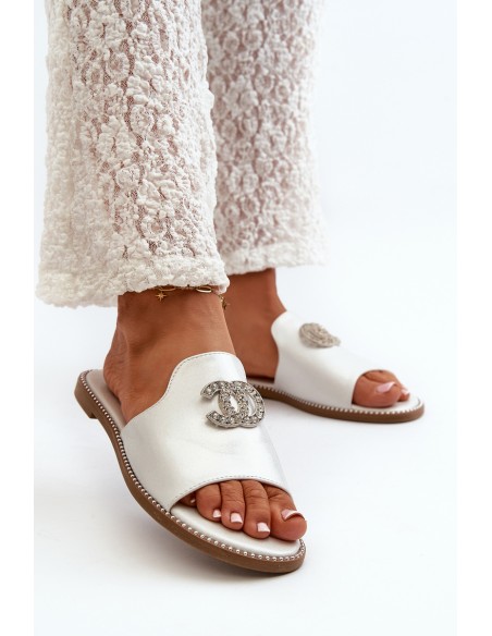 Elegant Women's Shiny Slippers With Decoration S.Barski KV27-050 Silver