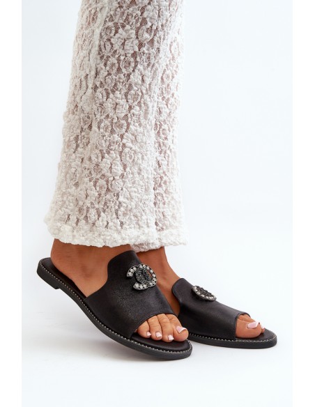 Elegant Women's Shiny Slippers With Decoration S.Barski KV27-050 Black