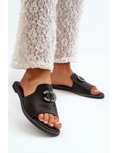 Elegant Women's Shiny Slippers With Decoration S.Barski KV27-050 Black