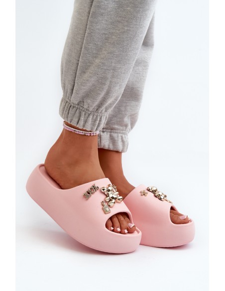 Women's Lightweight Foam Slides with Pink Decorations Orchia