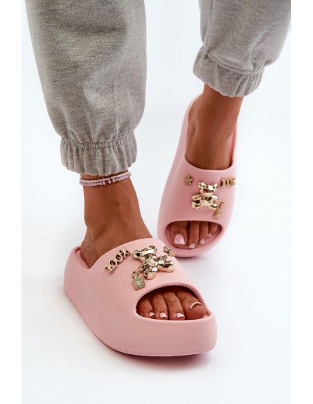Women's Lightweight Foam Slides with Pink Decorations Orchia