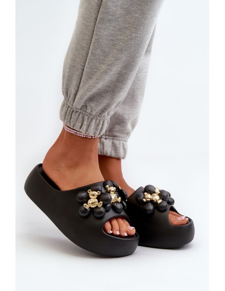 Women's Foam Flip Flops With Decorations On Thick Sole Black Bremavia