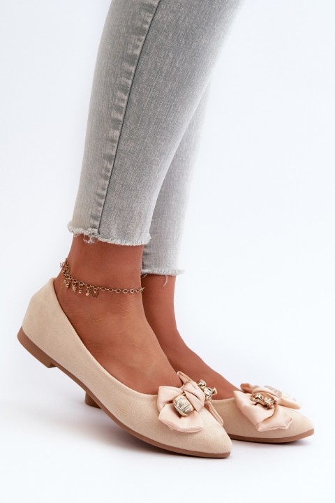 Women's Eco Suede Ballerina Flats with Bow and Brooch in Light Beige Satris