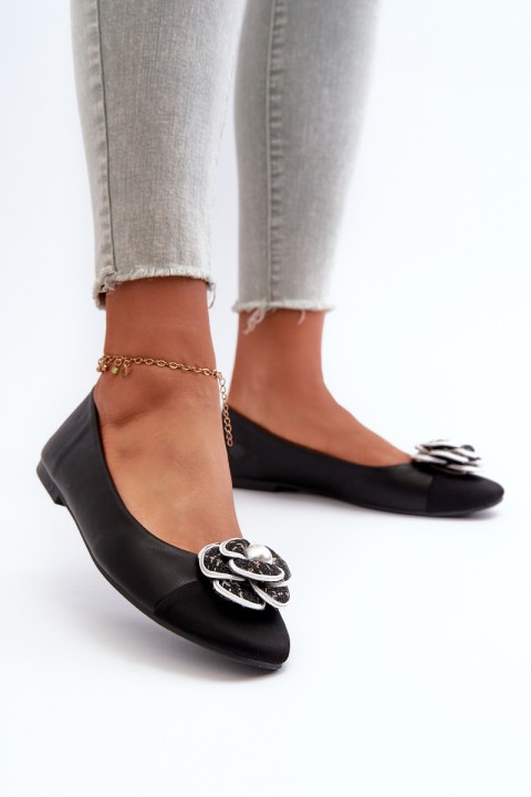 Women's Eco Leather Ballerina Flats with Decorative Detail Black Divinella