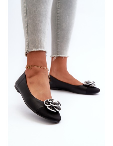 Women's Eco Leather Ballerina Flats with Decorative Detail Black Divinella