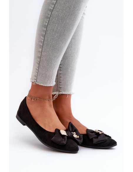 Women's Eco-Suede Ballerina Flats with Bow and Brooch Black Satris