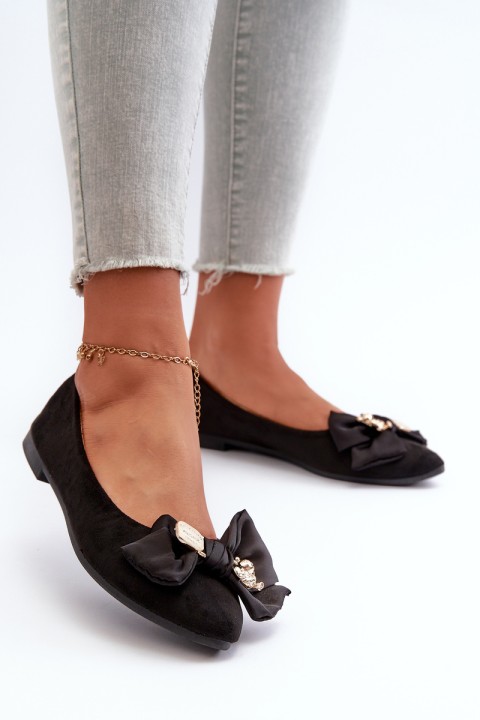 Women's Eco-Suede Ballerina Flats with Bow and Brooch Black Satris