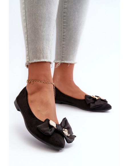 Women's Eco-Suede Ballerina Flats with Bow and Brooch Black Satris