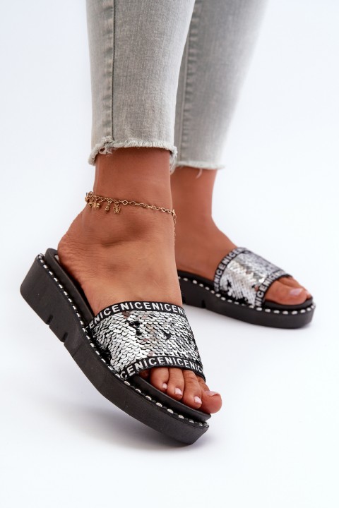 Women's Flip Flops With Sequins Black-Silver Rivanique