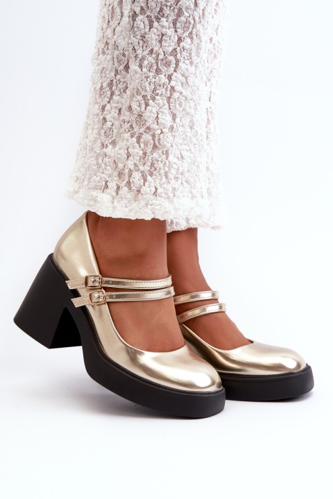 Faux Leather Pumps on Chunky Heel Gold Halmina