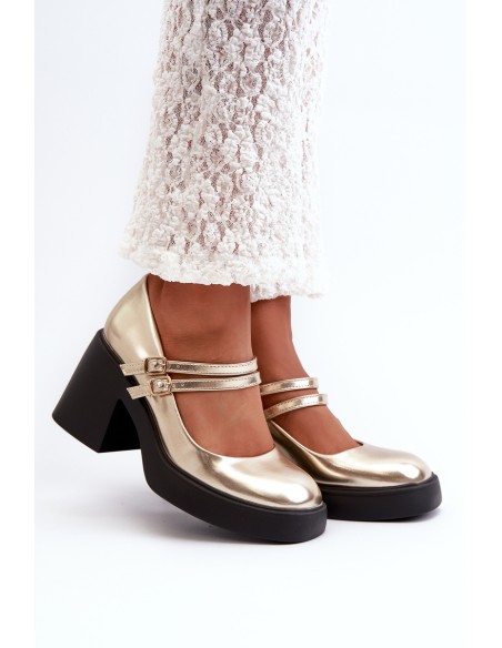 Faux Leather Pumps on Chunky Heel Gold Halmina